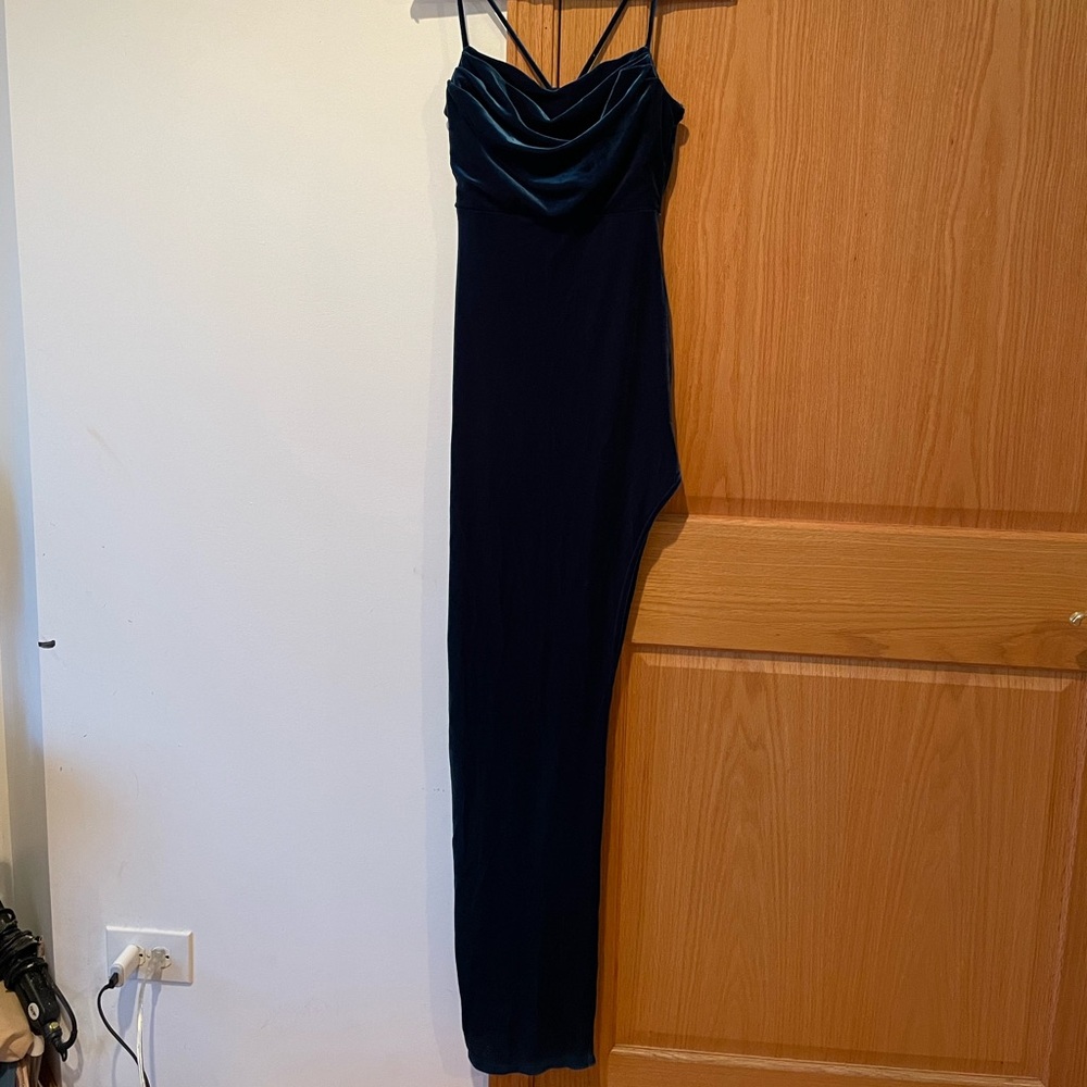 Dark torquise long velvet dress with a long slit on the left side